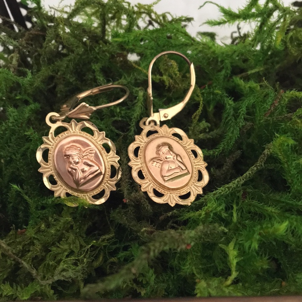 14k yellow and rose gold cherub earnings